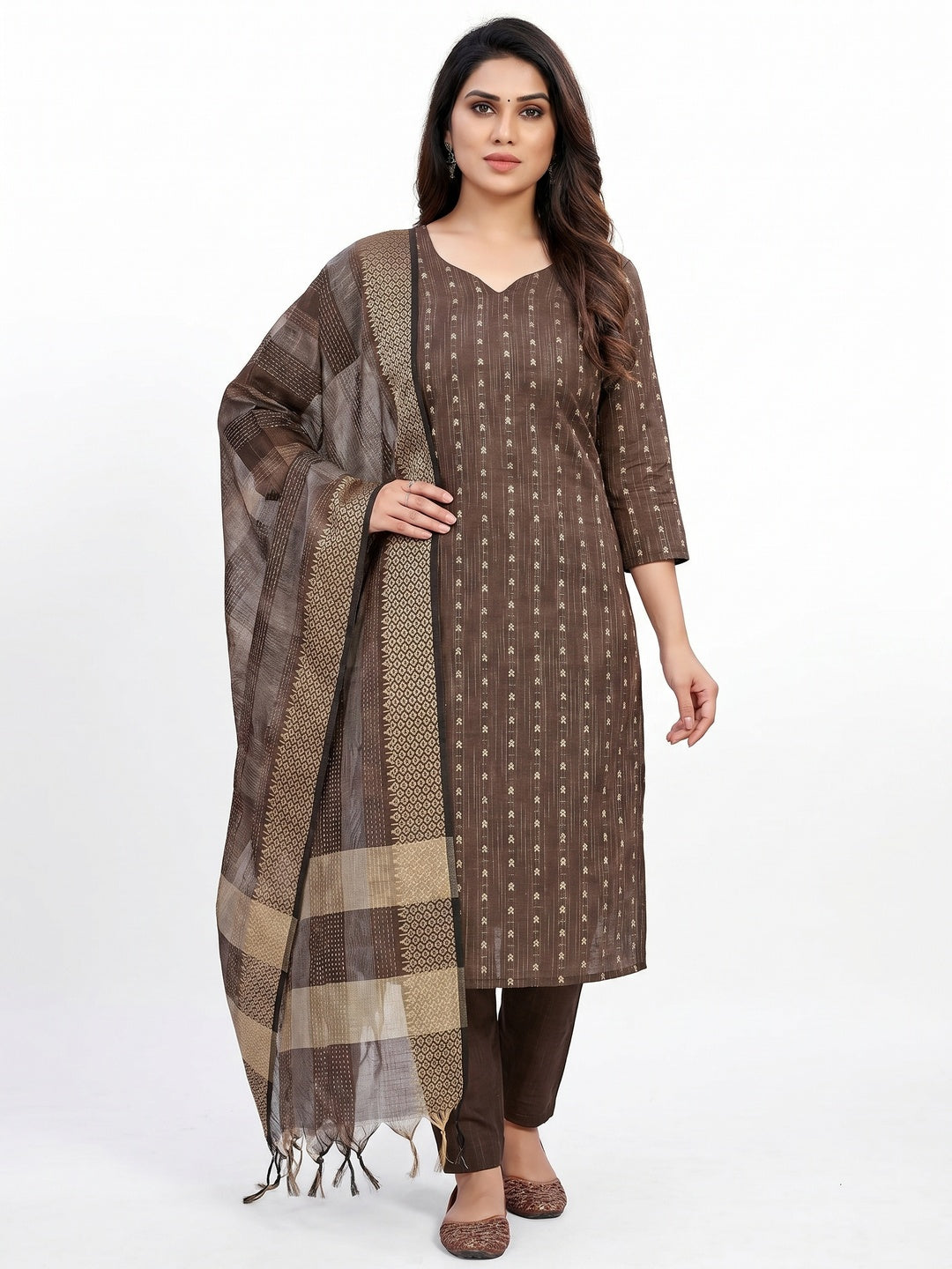 Brown Woven Cotton Blend Dress Material - Image 1
