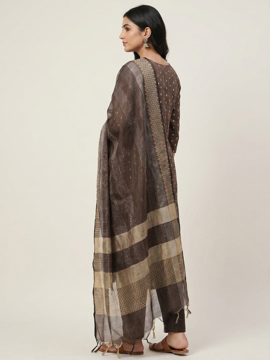 Brown Woven Cotton Blend Dress Material - Image 3