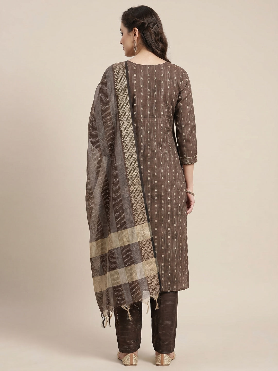 Brown Woven Cotton Blend Dress Material - Image 2