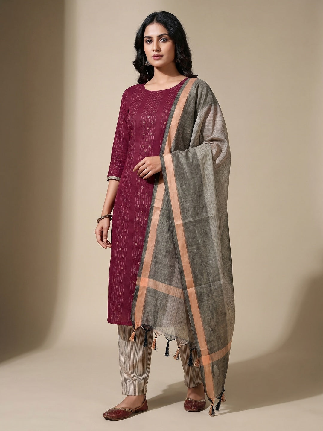 Maroon Woven Cotton Blend Dress Material - Image 1