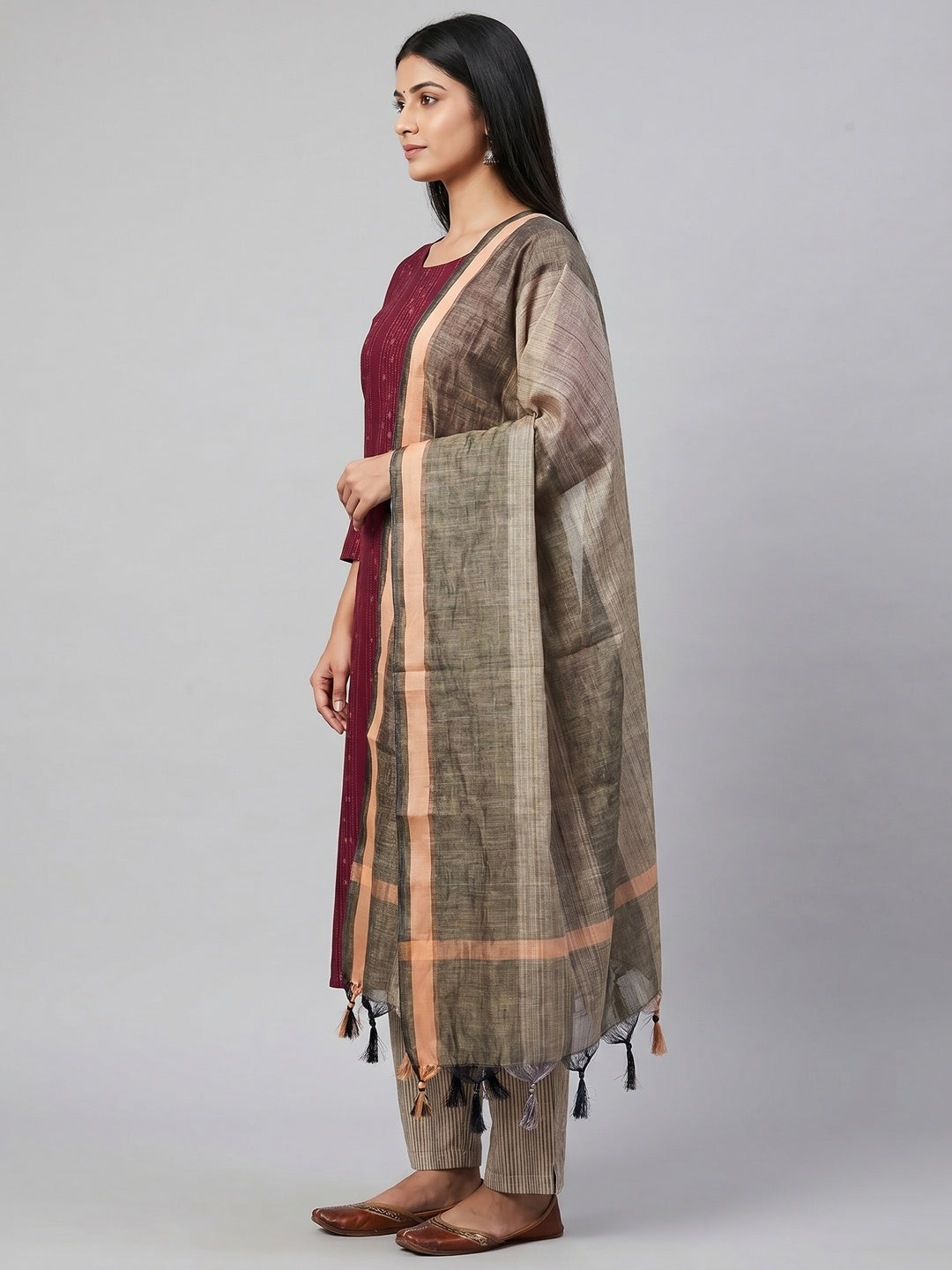 Maroon Woven Cotton Blend Dress Material - Image 2