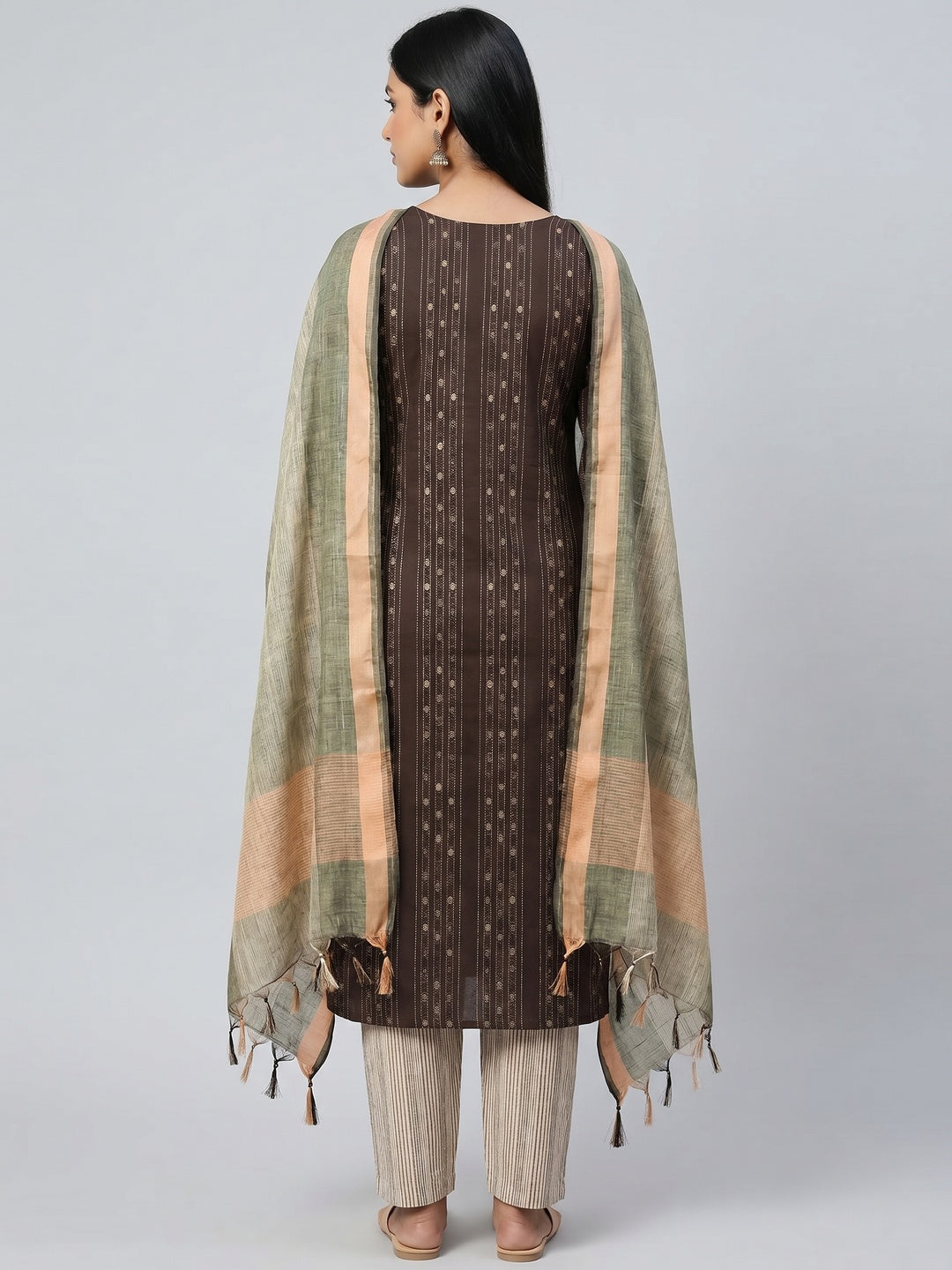 Brown Woven Cotton Blend Dress Material - Image 3
