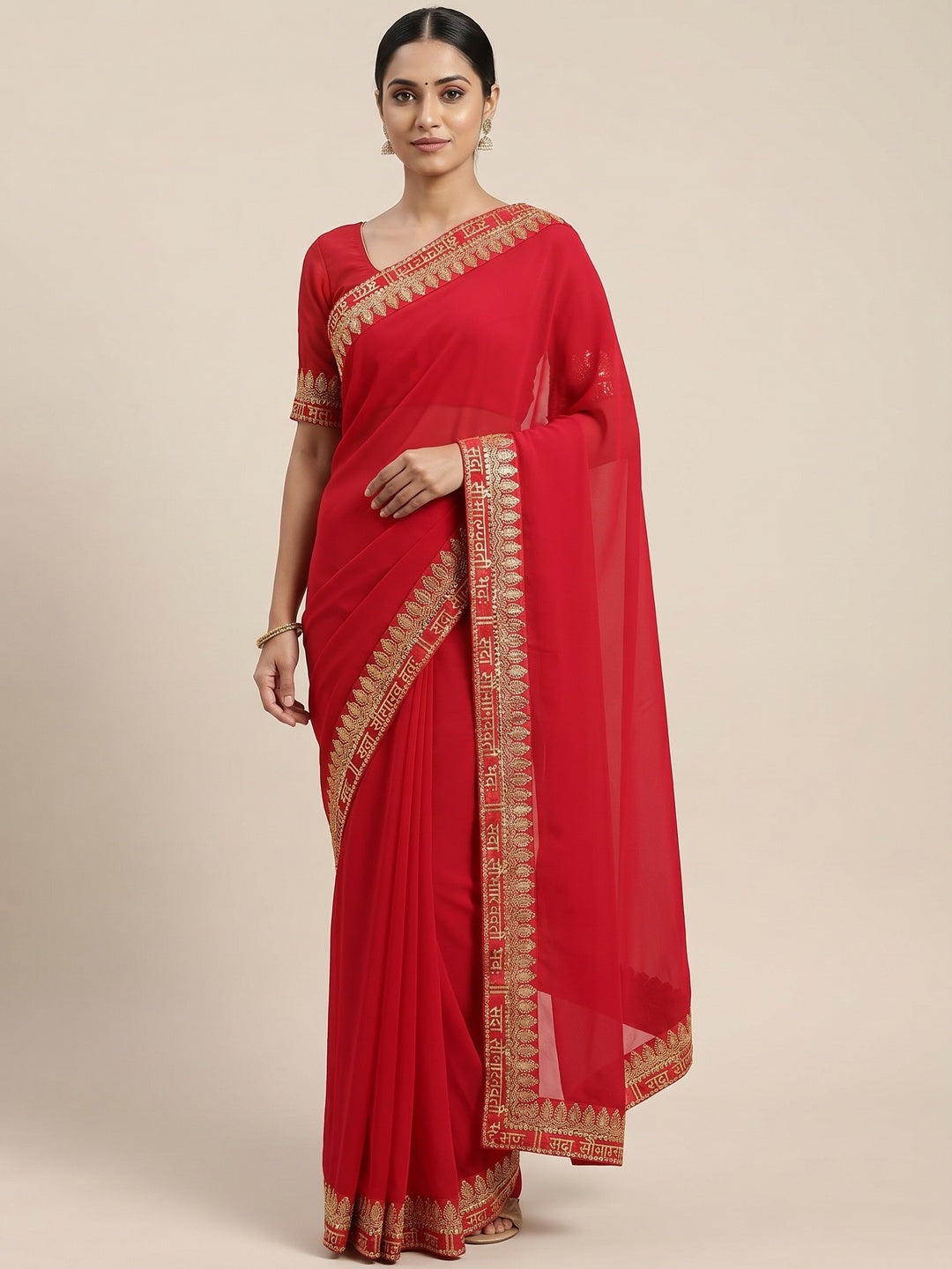Red Embroidered Border Georgette Saree - Image 1