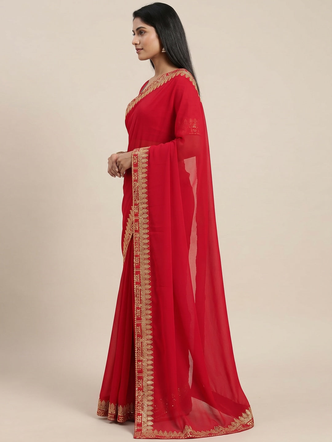 Red Embroidered Border Georgette Saree - Image 2