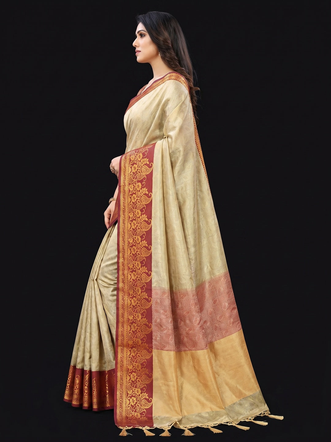 Chikoo Woven Cotton Silk Saree - Image 2