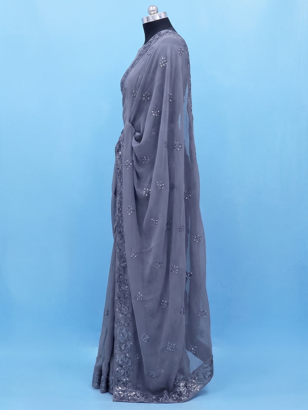 Grey Sequins Emroidered Georgette Saree - Image 2