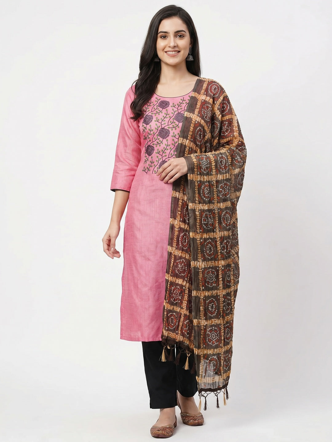 Pink Embroidered Art Silk Dress Material - Image 1