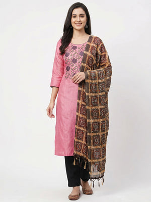 Pink Embroidered Art Silk Dress Material - Image 1
