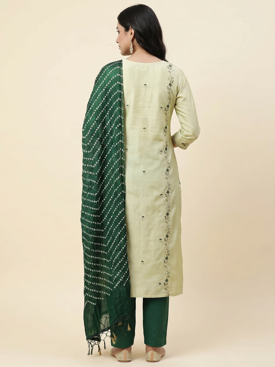 Pista Green Embroidered Raw Silk Dress Material - Image 3