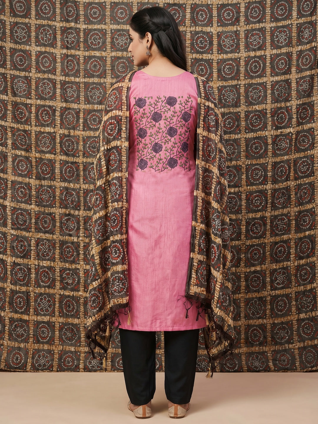 Pink Embroidered Art Silk Dress Material - Image 2