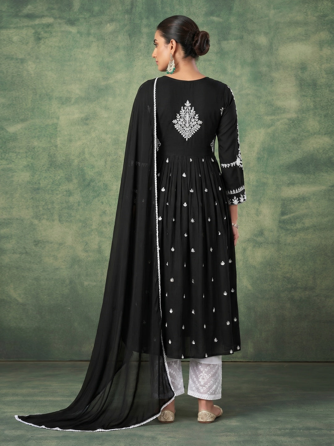 Black Lucknowi Work Rayon Naira Cut Palazzo Suit - Image 1