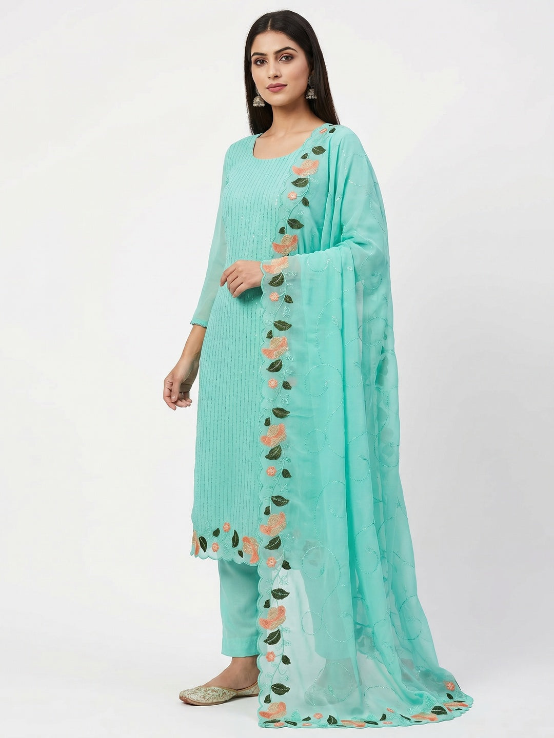 Turquoise Sequins Embroidered Georgette Dress Material - Image 1