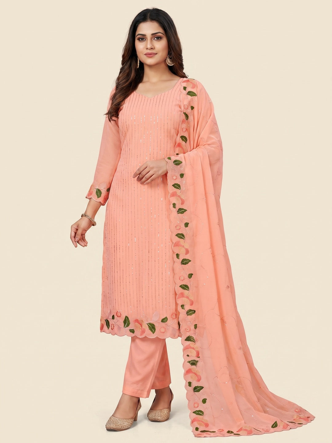 Peach Sequins Embroidered Georgette Dress Material - Image 1
