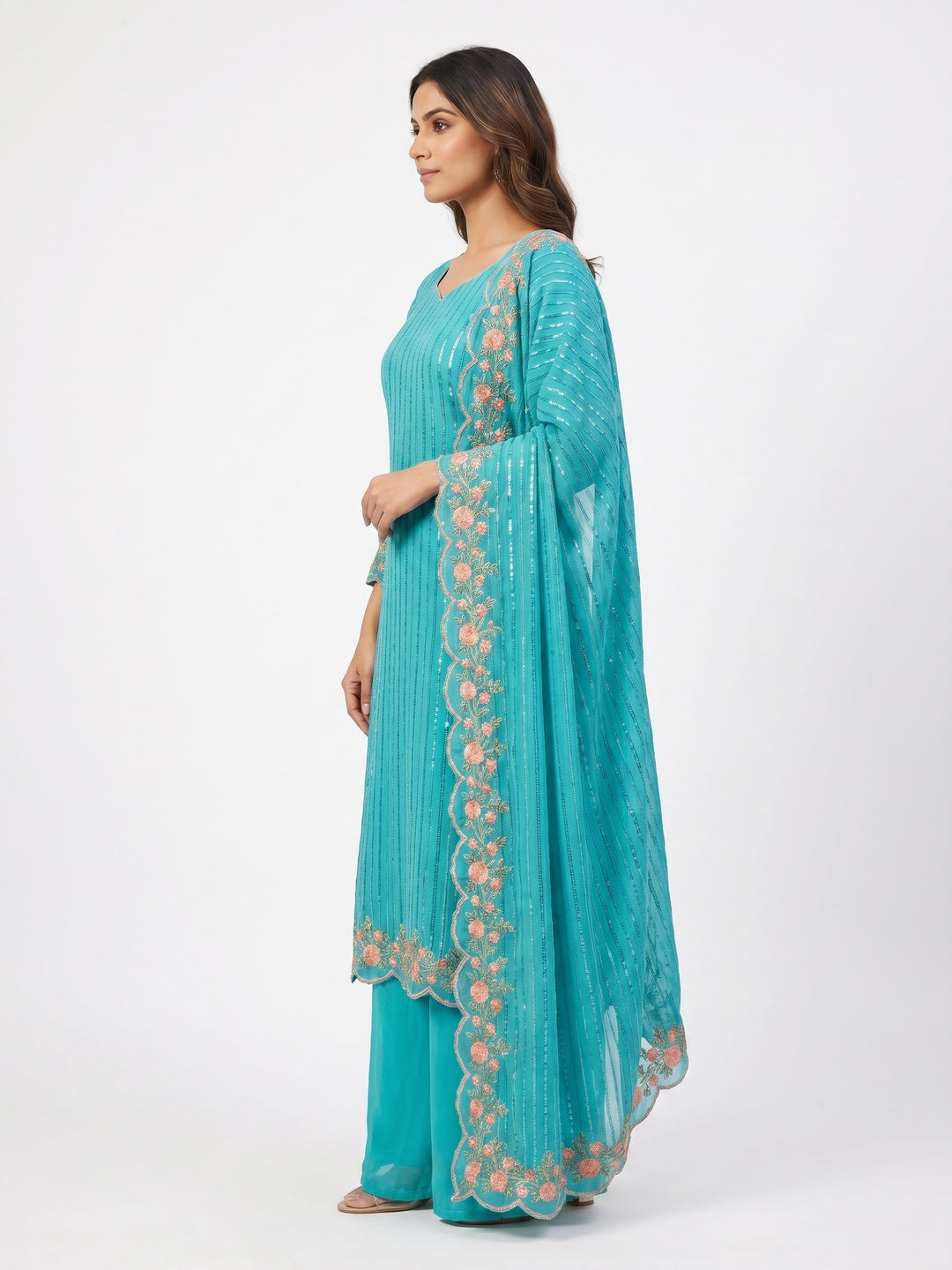 Turquoise Sequins Embroidered Georgette Dress Material - Image 2