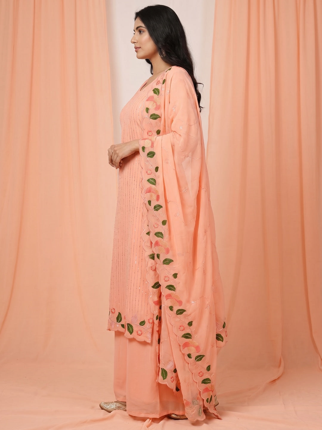 Peach Sequins Embroidered Georgette Dress Material - Image 2