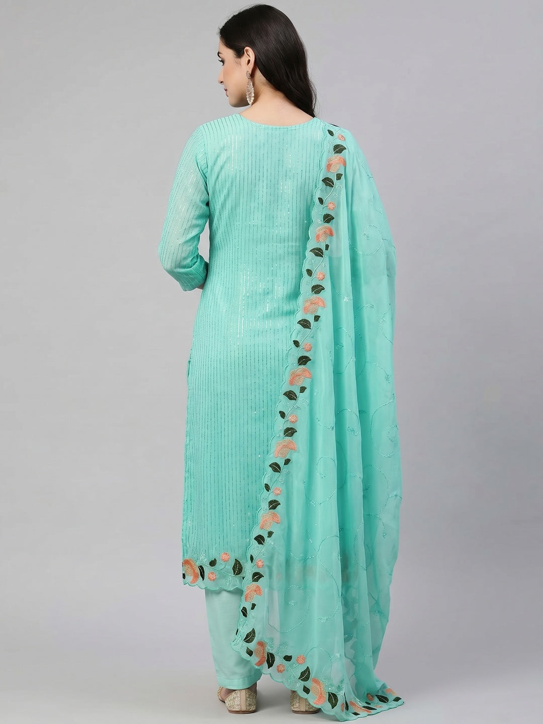 Turquoise Sequins Embroidered Georgette Dress Material - Image 3