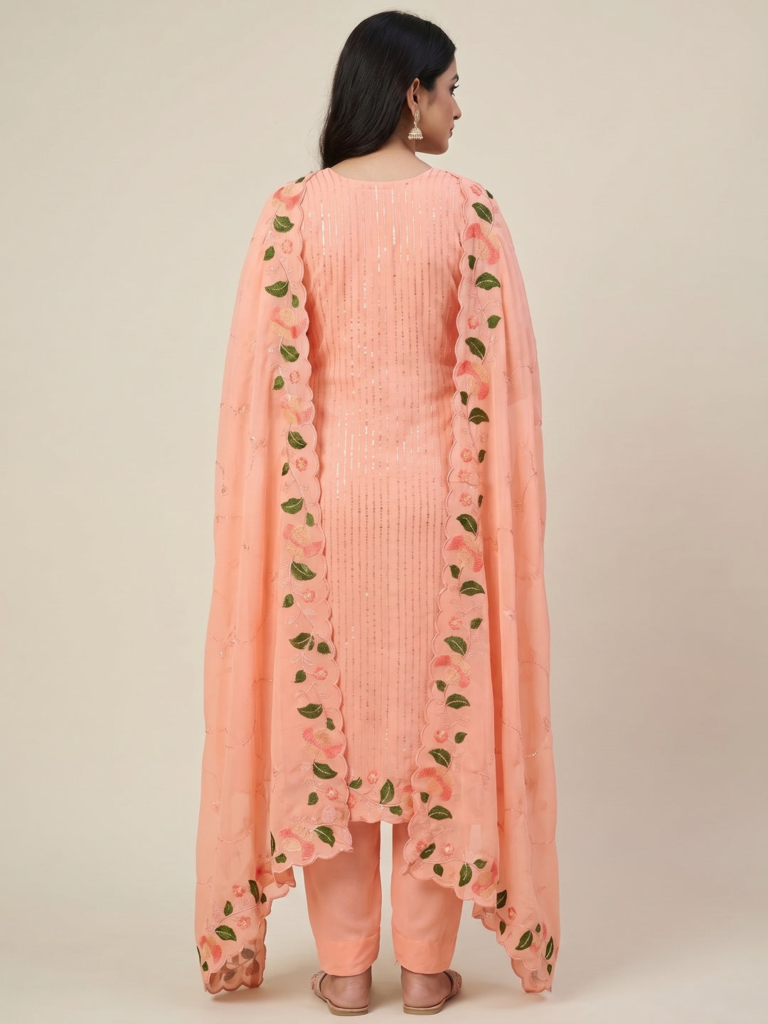 Peach Sequins Embroidered Georgette Dress Material - Image 3