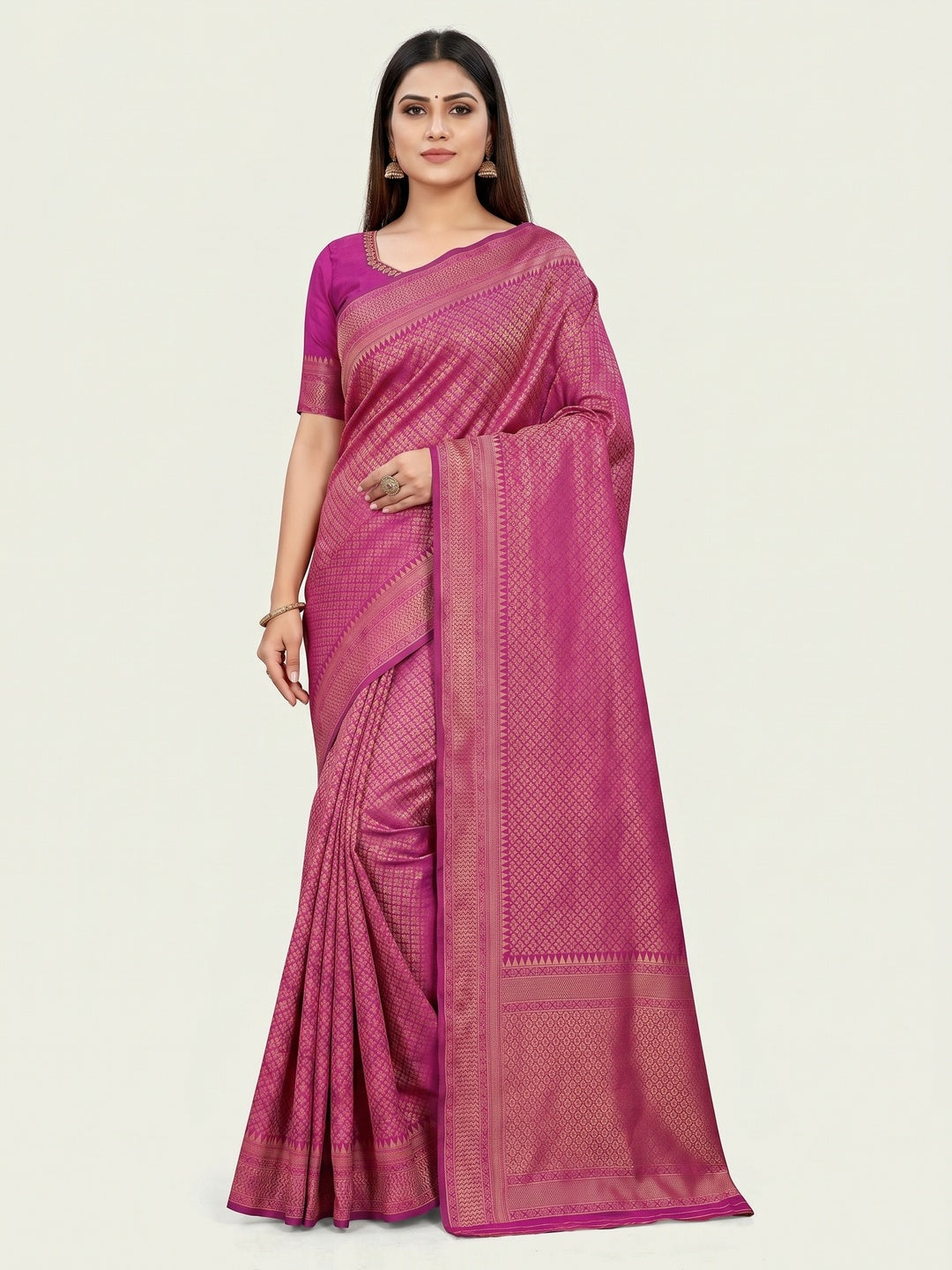 Magenta Pink Woven Banarasi Silk Saree - Image 1
