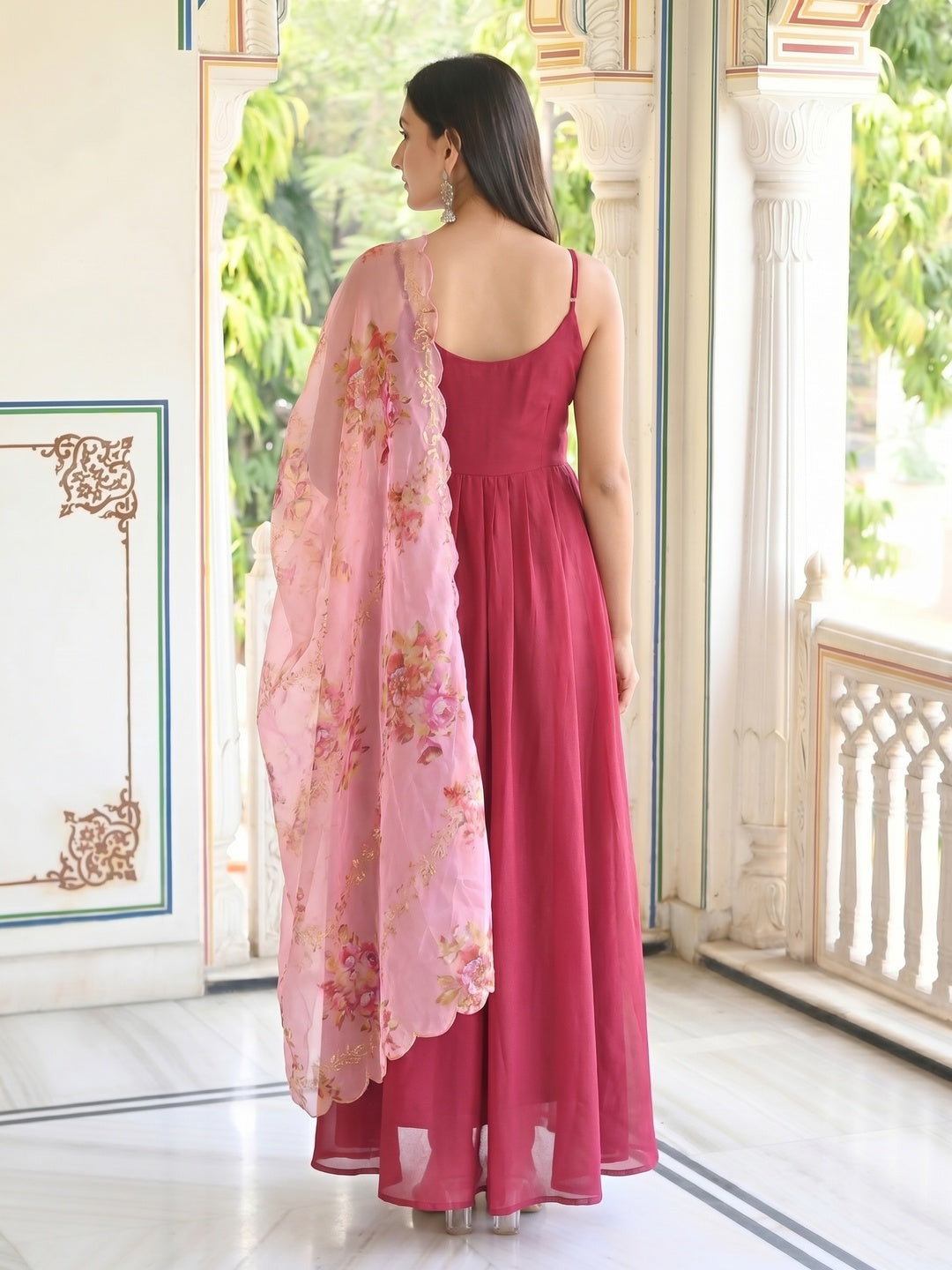 Pink Solid Chiffon Gown With Dupatta - Image 2
