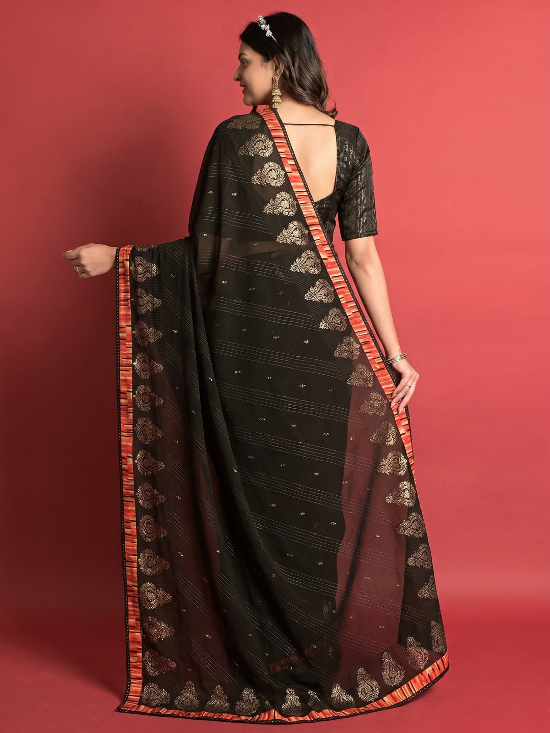 Black Printed Georgette Saree - Image 1