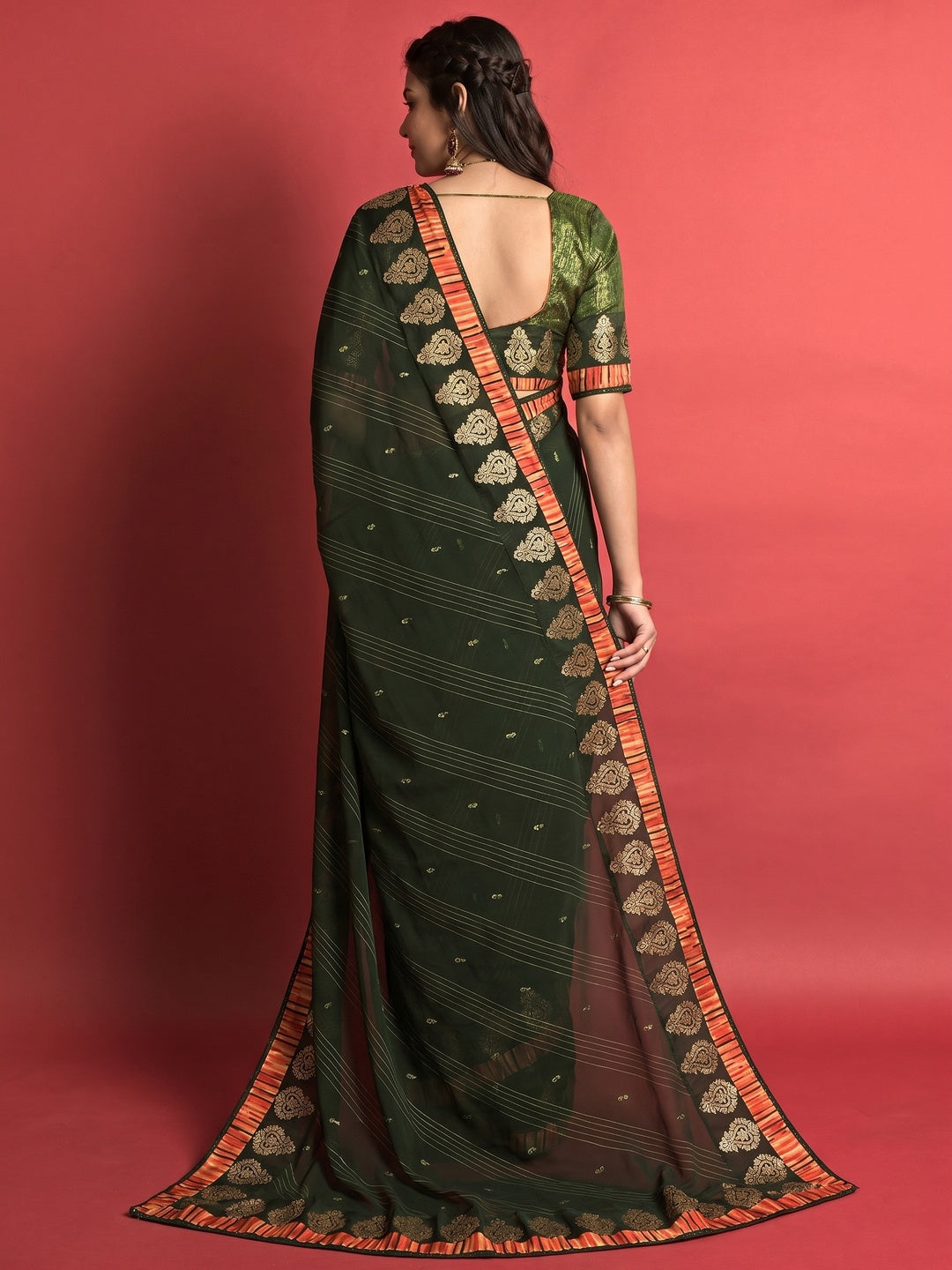 Bottle Green Printed Georgette Saree - Image 1