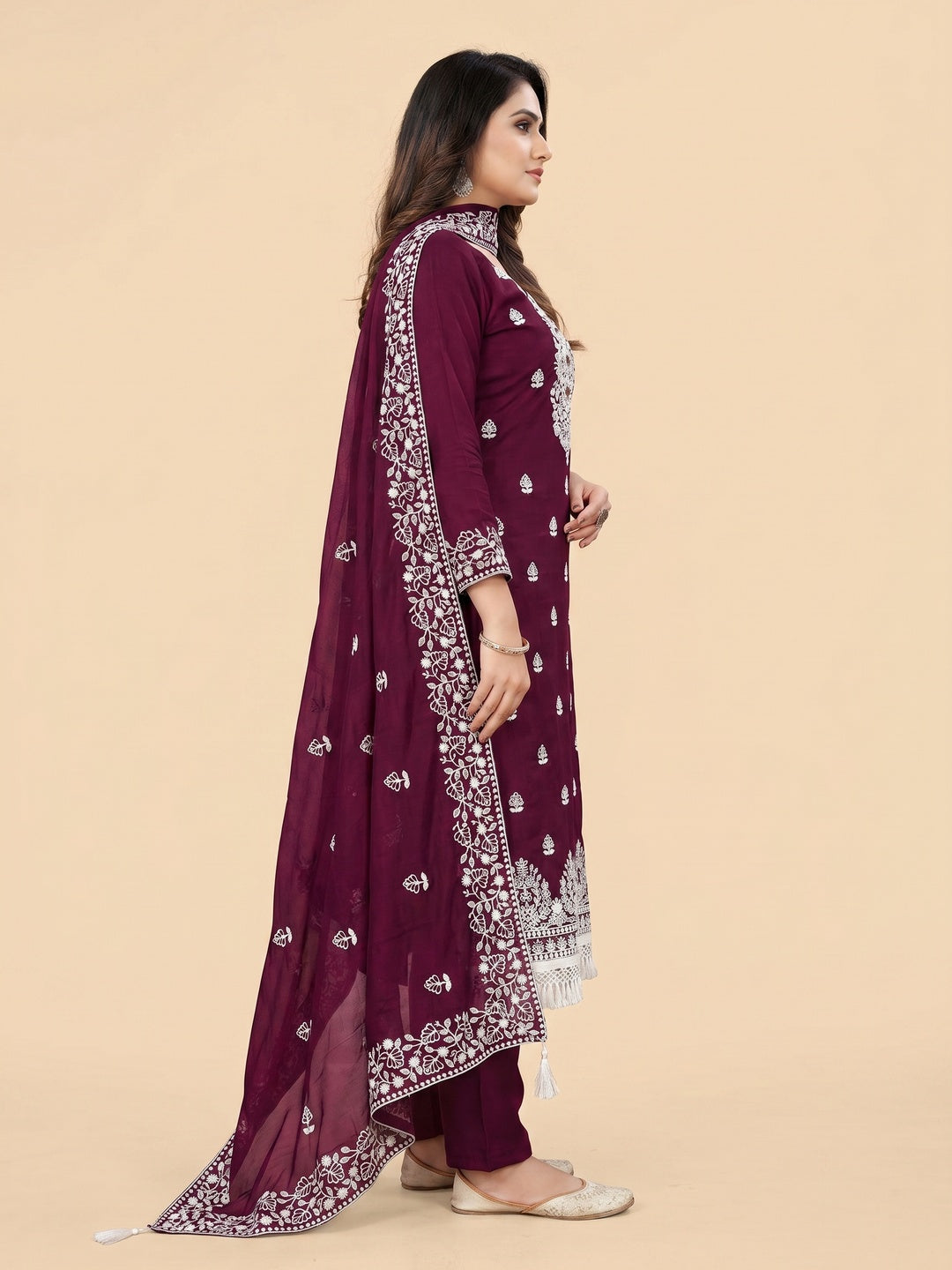 Wine Floral Embroidered Modal Dress Material - Image 3