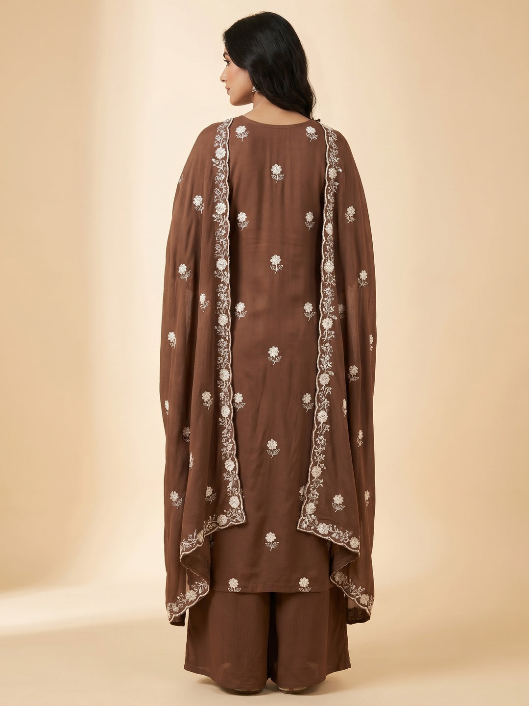 Brown Floral Embroidered Modal Dress Material - Image 2