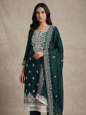 Green Floral Embroidered Modal Dress Material - Image 1