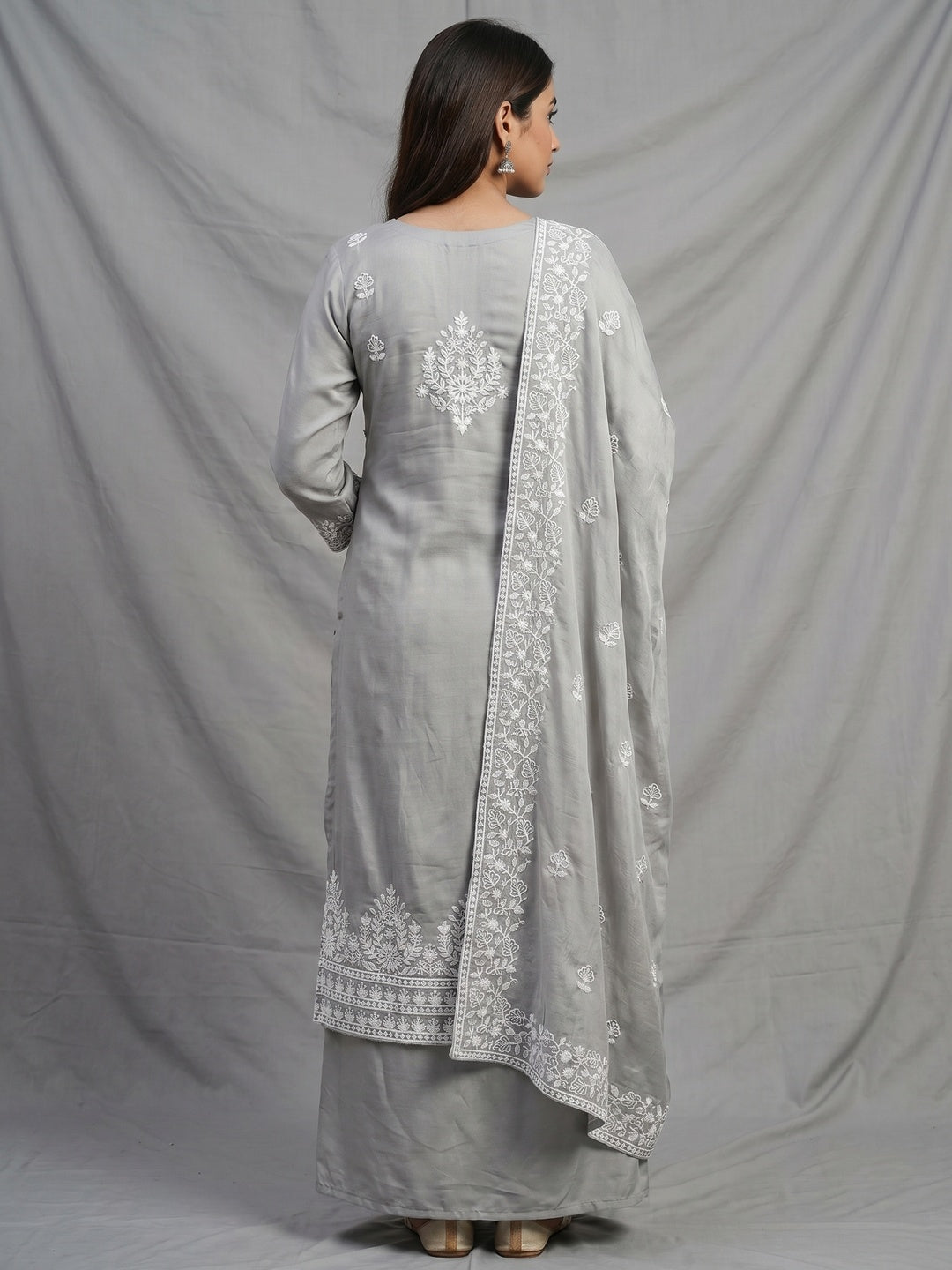 Grey Floral Embroidered Modal Dress Material - Image 3