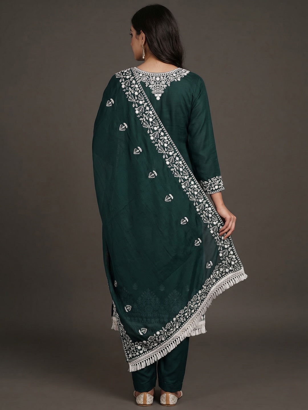 Green Floral Embroidered Modal Dress Material - Image 3