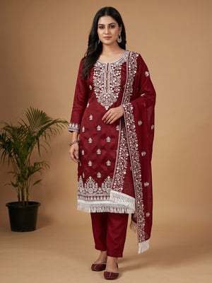 Maroon Floral Embroidered Modal Dress Material - Image 1