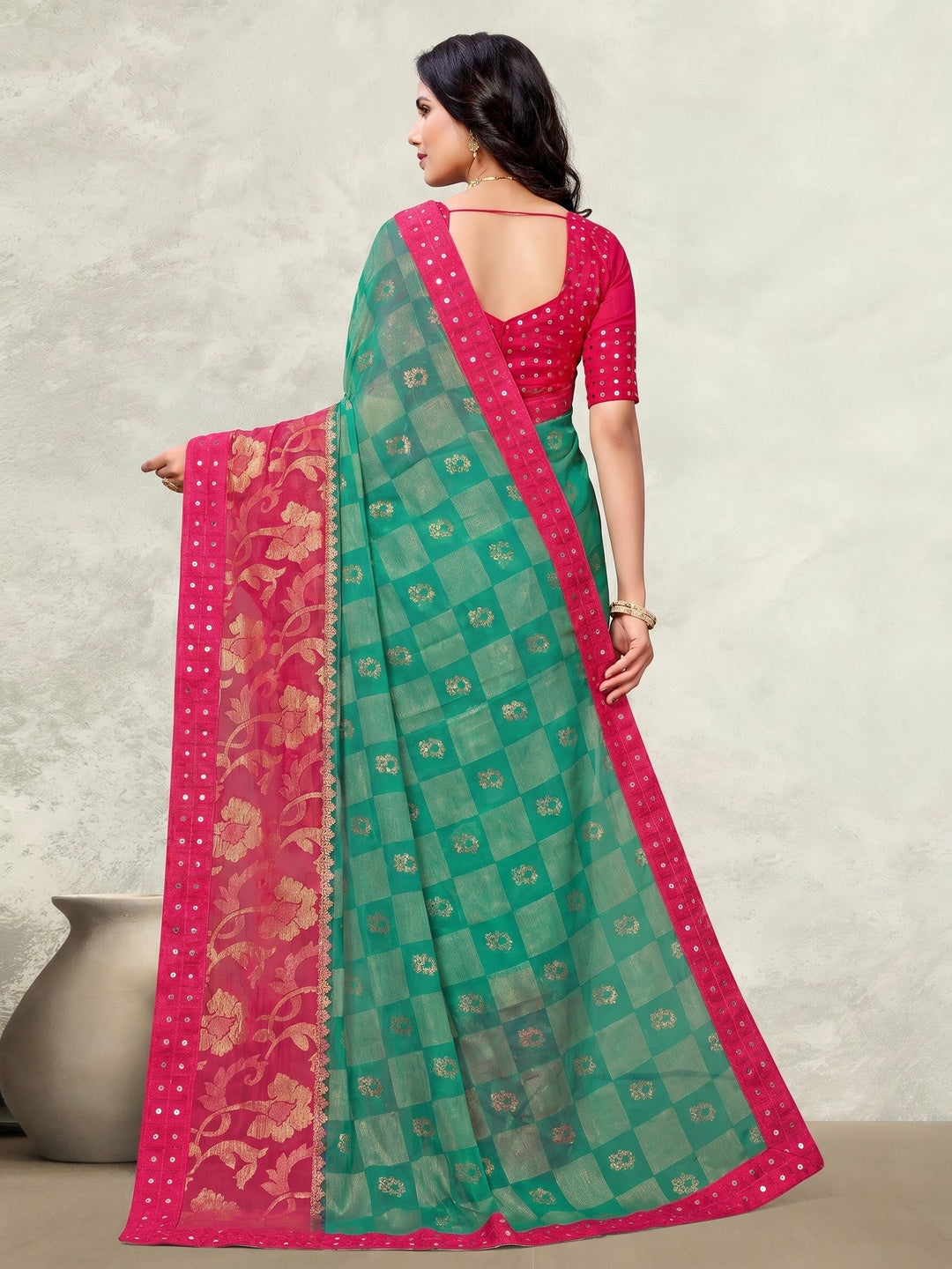 Sea Green Foil Printed Brasso Saree - Image 2