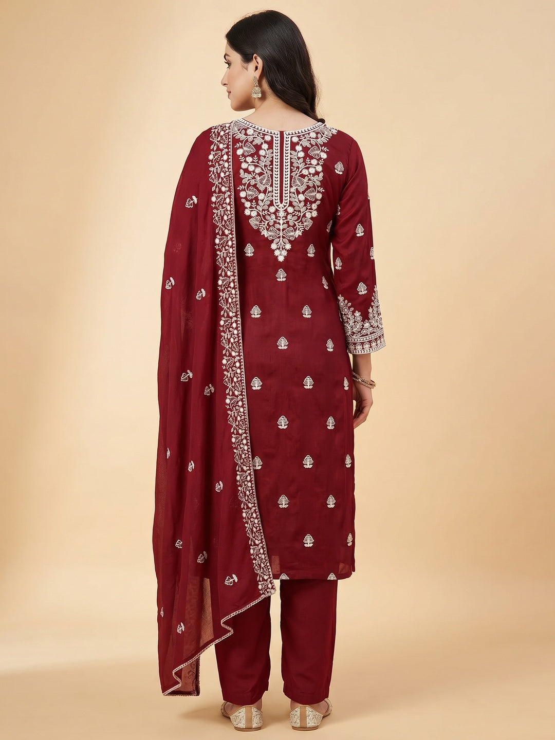 Maroon Floral Embroidered Modal Dress Material - Image 3