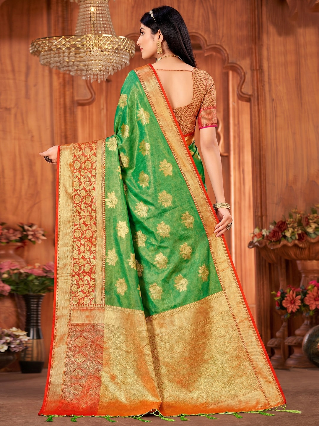 Green Woven Art Silk Saree With Tassels - Image 1