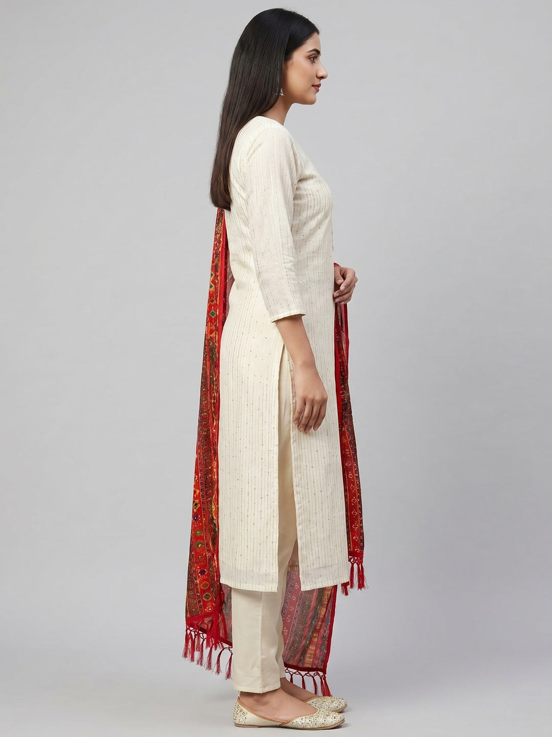 Offwhite Sequins Embroidered Chanderi Dress Material - Image 2