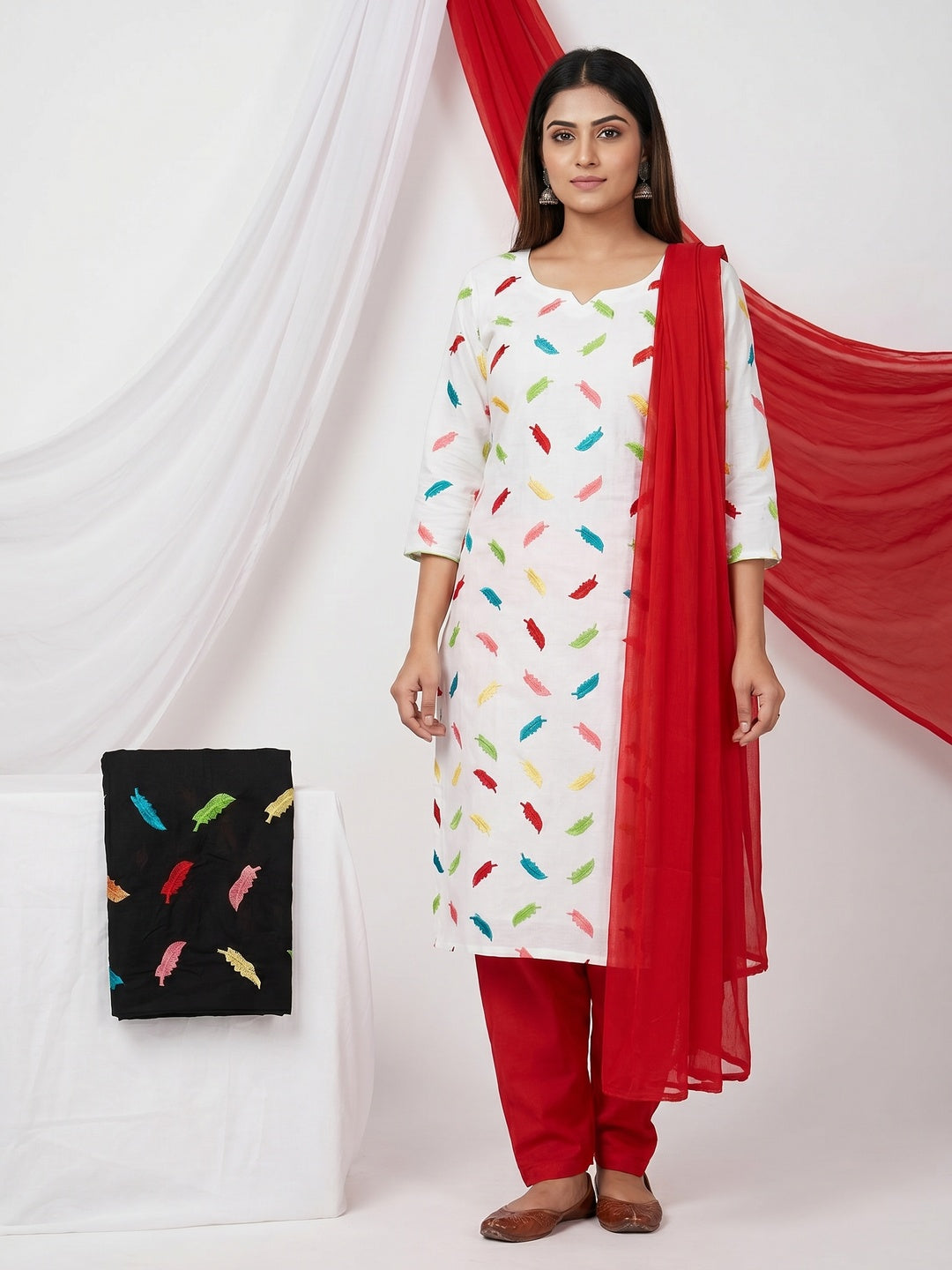 Dual Top White And Black Embroidered Cotton Blend Dress Material - Image 1