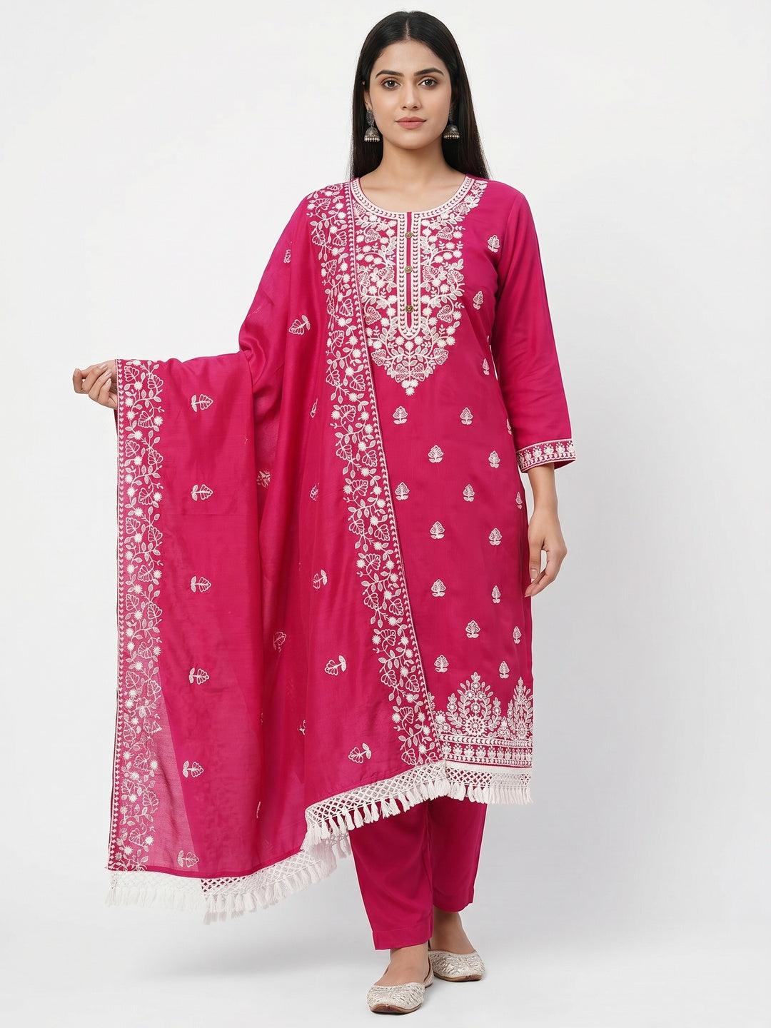 Rani Pink Floral Embroidered Modal Dress Material - Image 1