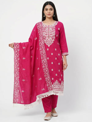 Rani Pink Floral Embroidered Modal Dress Material - Image 1