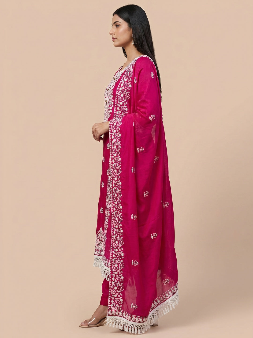 Rani Pink Floral Embroidered Modal Dress Material - Image 2
