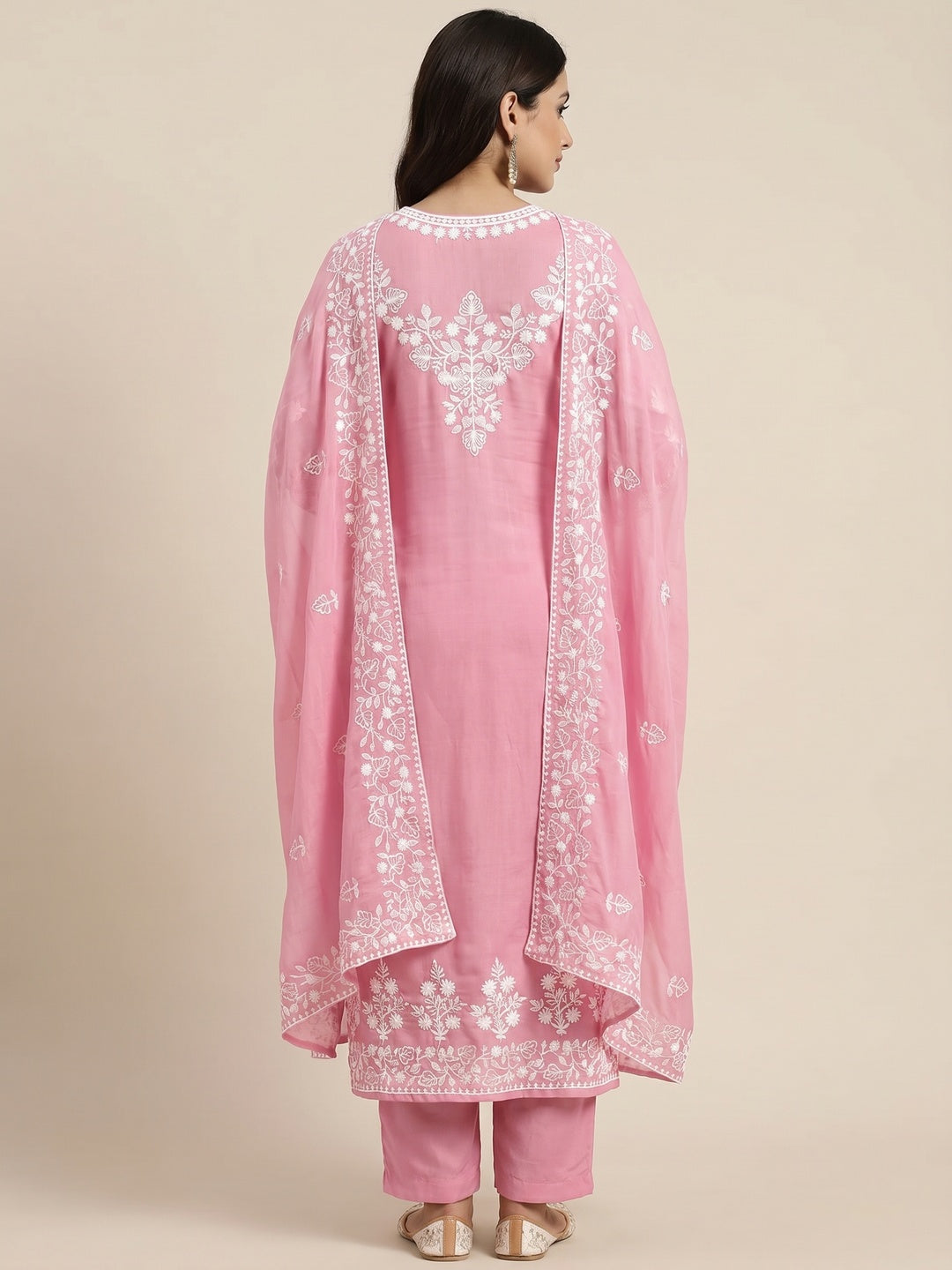 Pink Floral Embroidered Modal Dress Material - Image 3
