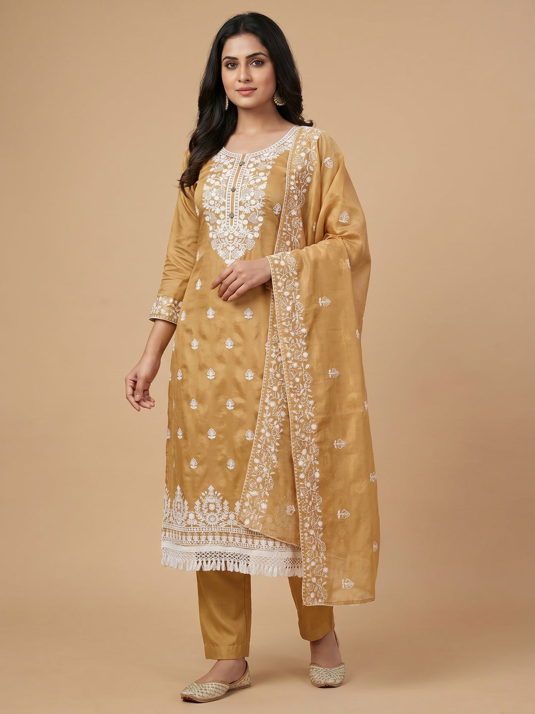 Chikoo Floral Embroidered Modal Dress Material - Image 1