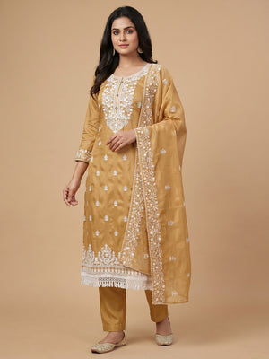 Chikoo Floral Embroidered Modal Dress Material - Image 1