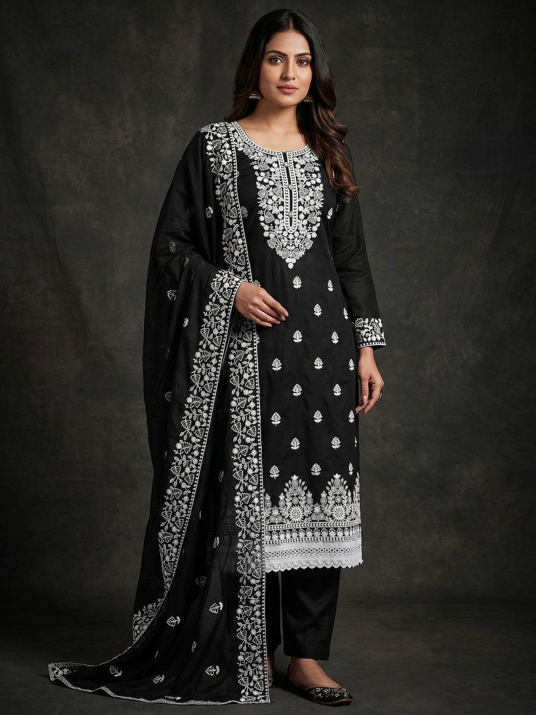Black Floral Embroidered Modal Dress Material - Image 1
