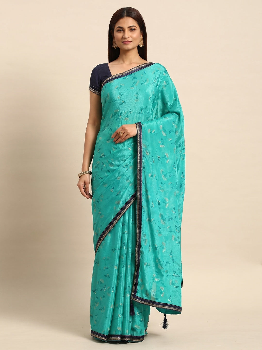 Rama Blue Foil Printed Chiffon Saree - Image 1