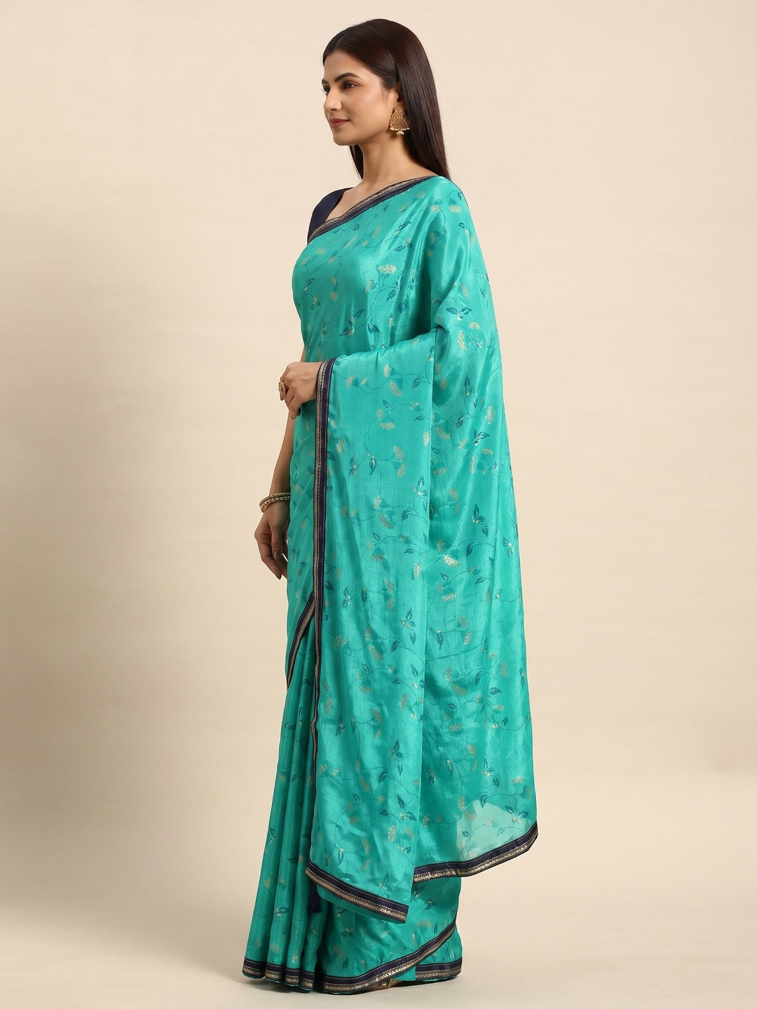 Rama Blue Foil Printed Chiffon Saree - Image 3