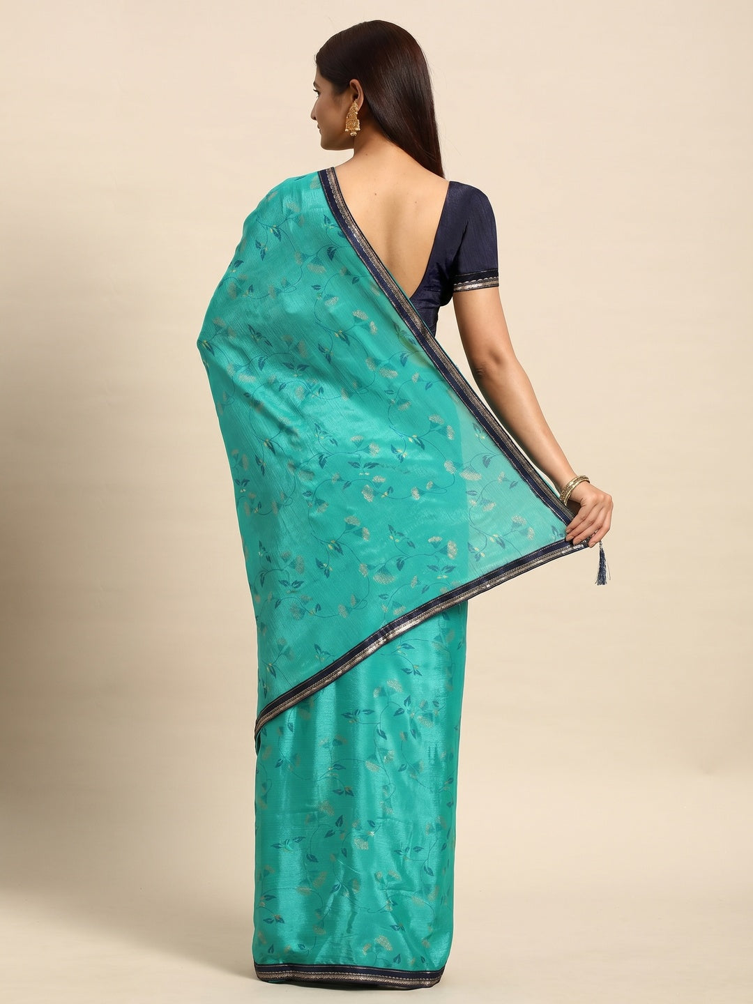 Rama Blue Foil Printed Chiffon Saree - Image 2