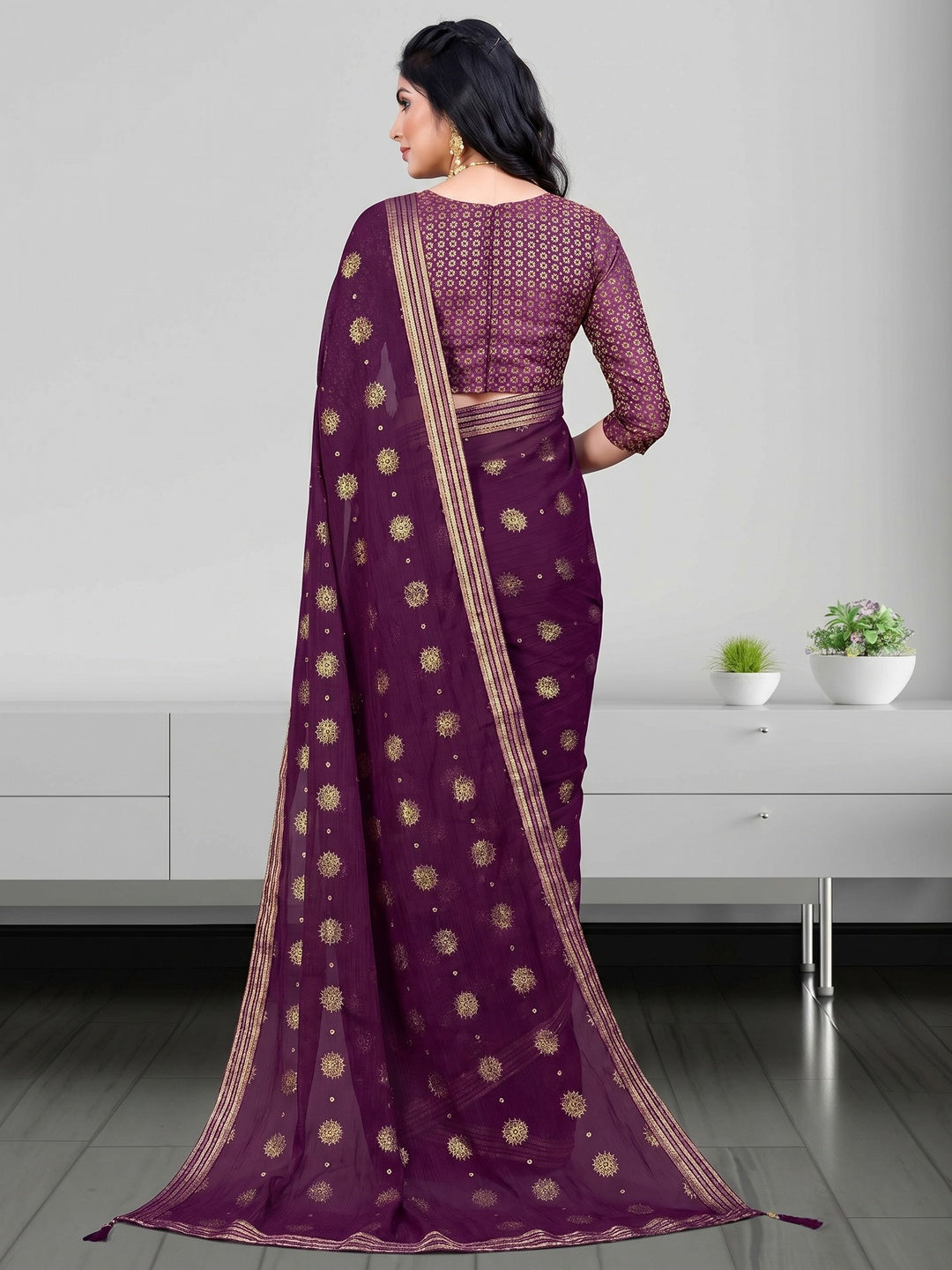 Purple Woven Chiffon Saree - Image 1