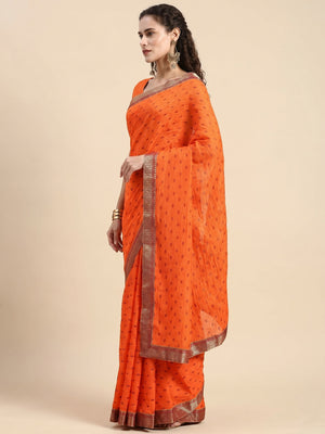 Orange Printed Vichitra Silk Saree - Image 3