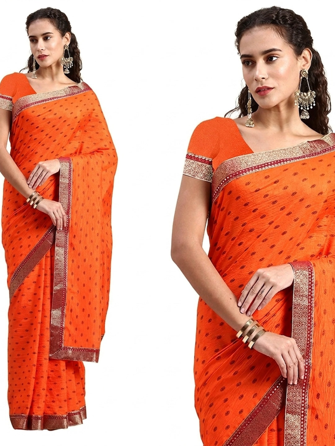 Orange Printed Vichitra Silk Saree - Image 2