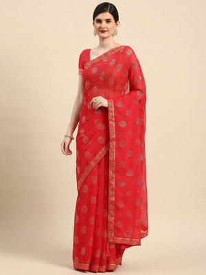 Pink Foil Printed With Embellished Chiffon Saree - Image 1